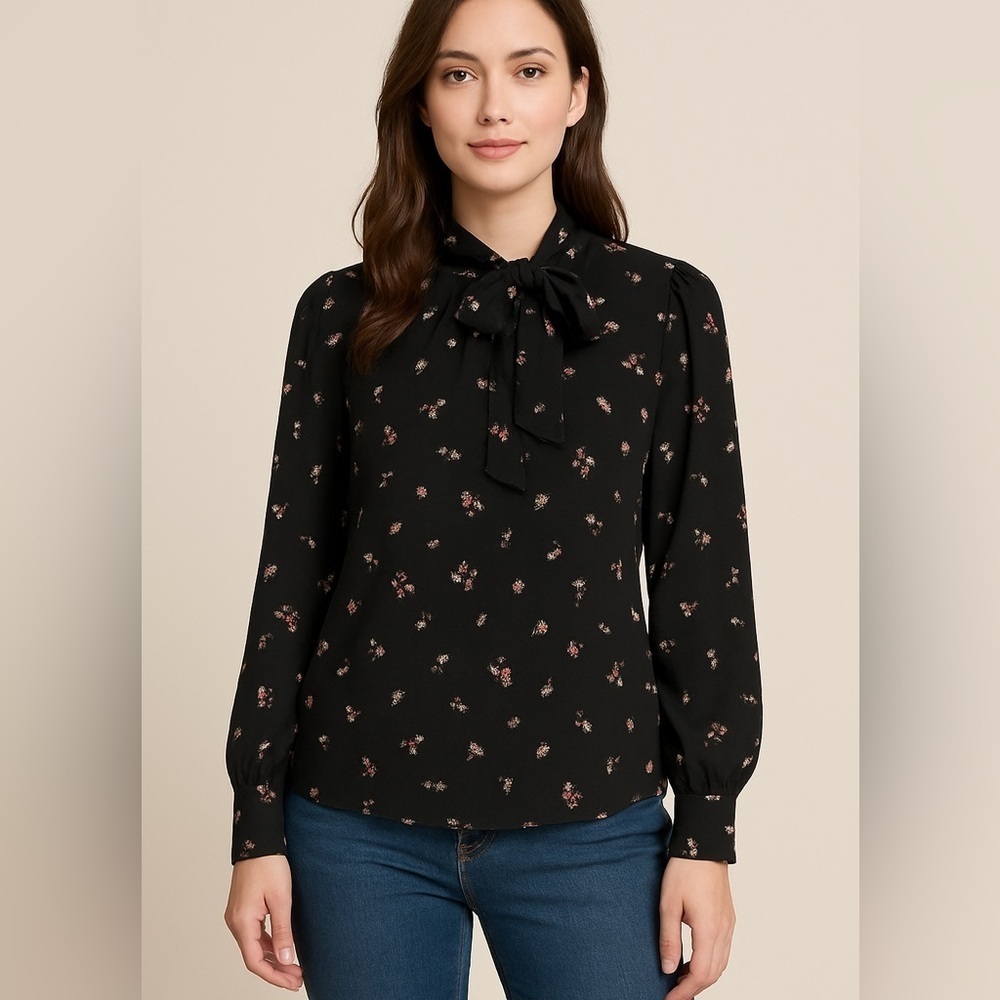 Kontrol Contemporary Black Floral Tie Neck Blouse XL Long Sleeve Lightweight